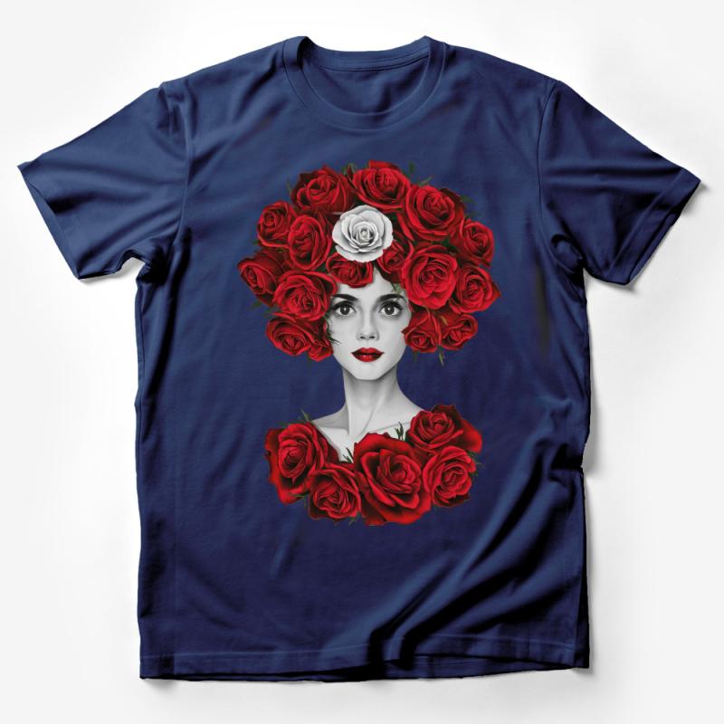 Women's Floral Head T-Shirt, Artistic Rose Print Tee, Unique Red Flower Fashion Top, Bohemian Style Shirt Male T-Shirt