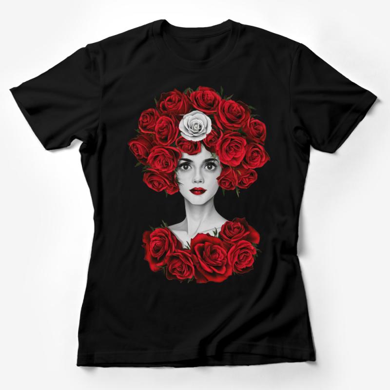 Women's Floral Head T-Shirt, Artistic Rose Print Tee, Unique Red Flower Fashion Top, Bohemian Style Shirt Female T-Shirt