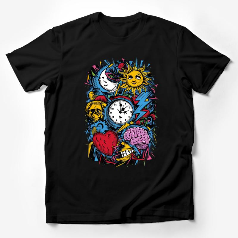 Unisex Graphic Tee with Colorful Abstract Art, Sun and Moon, Clock Design - Cool and Unique Streetwear Male T-Shirt