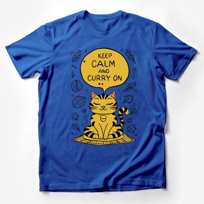 Keep Calm and Curry On Cat T-Shirt, Funny Culinary Feline Tee, Spice Lover Gift, Casual Graphic Unisex Shirt, Whimsical Cat Tee Top Male T-Shirt