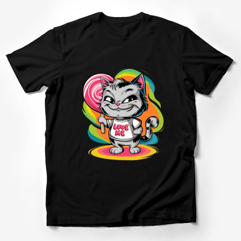 Cute Cat T-Shirt with Lollipop, Love Me Slogan Tee, Colorful Whimsical Kitty Shirt, Unique Cat Lover Gift, Unisex Graphic Tee Male T-Shirt