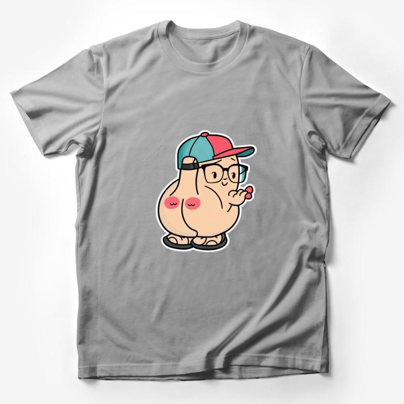 Cute Cartoon Peach Character T-Shirt, Funny Fruit Graphic Tee, Hipster Peach with Glasses and Cap Male T-Shirt