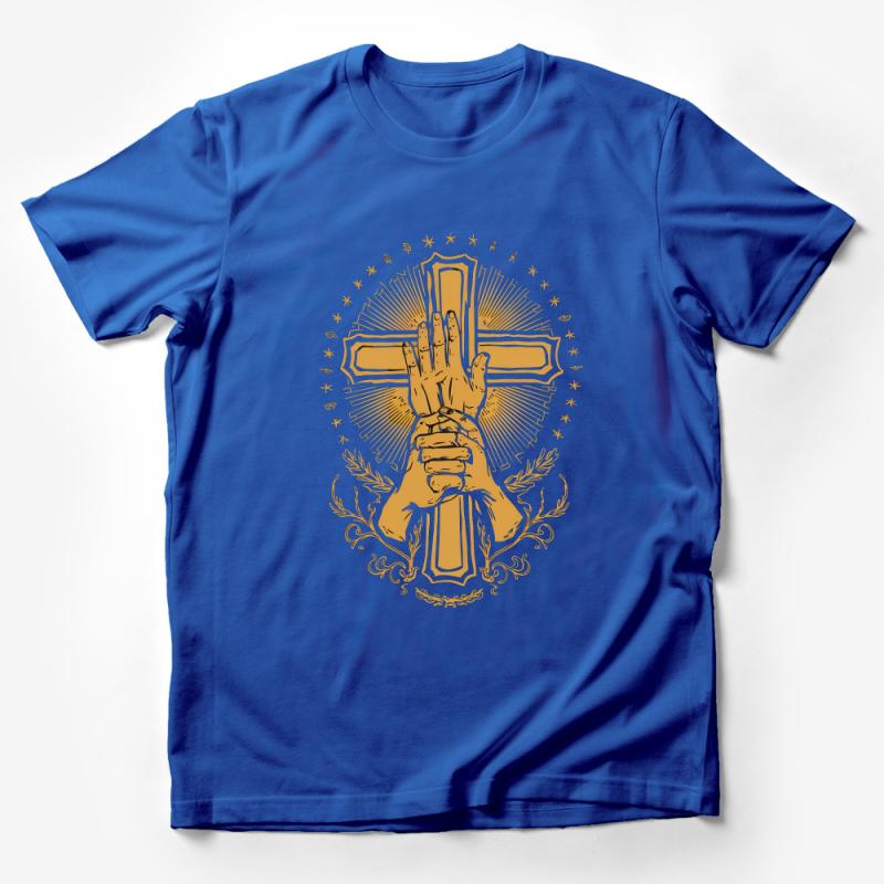 Golden Praying Hands Cross T-Shirt, Spiritual Graphic Tee, Religious Christian Faith Shirt, Unisex Fashion Top Male T-Shirt