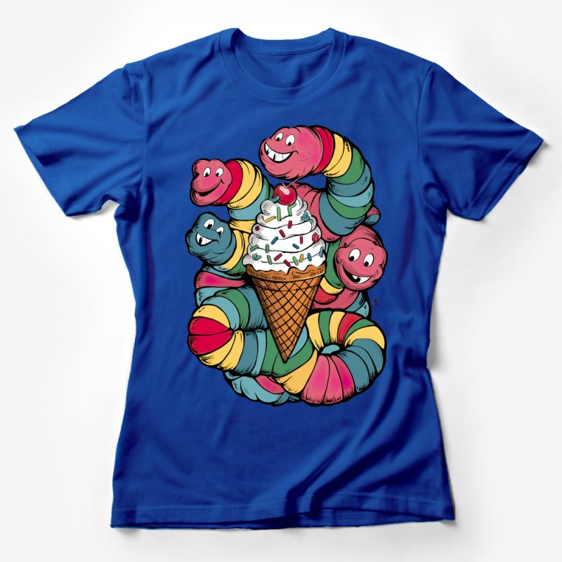 Colorful Worms Ice Cream Cone T-Shirt, Cute Cartoon Worm Graphic Tee, Unisex Fun Novelty Shirt for All Ages Female T-Shirt