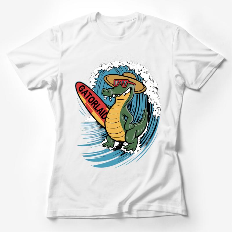 Cool Surfing Alligator Graphic Tee, Beach Summer Gator T-Shirt, Ocean Wave Surfer Unisex Shirt Female T-Shirt