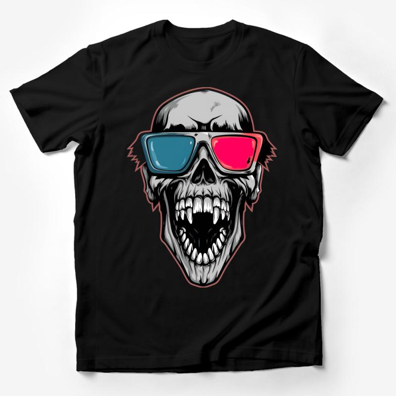 Cool 3D Skull T-Shirt with Red and Blue Glasses, Hipster Skull Graphic Tee, Unisex Cotton Shirt Male T-Shirt