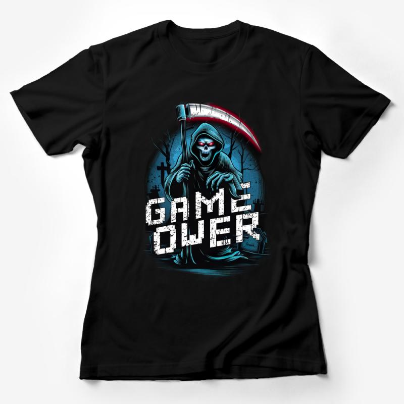 Grim Reaper Game Over T-Shirt, Cool Gamer Tee, Death Graphic Shirt, Unisex Gaming Clothing, Halloween Scary Top Female T-Shirt