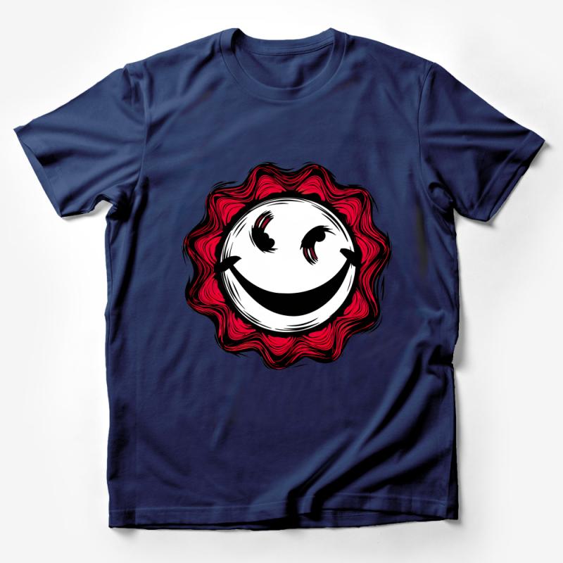 Retro Smiley Face T-Shirt, Vintage Hipster Style Tee, Unisex Red and Black Graphic Shirt, Casual Streetwear, Cool 90s Nostalgia Apparel Male T-Shirt