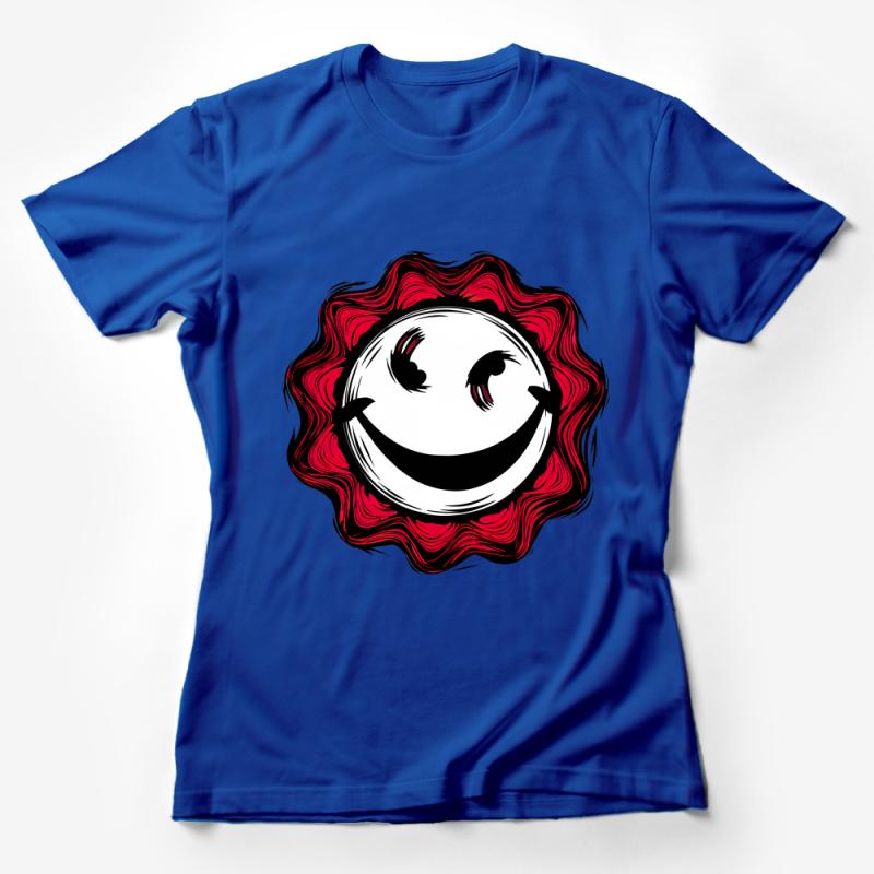 Retro Smiley Face T-Shirt, Vintage Hipster Style Tee, Unisex Red and Black Graphic Shirt, Casual Streetwear, Cool 90s Nostalgia Apparel Female T-Shirt