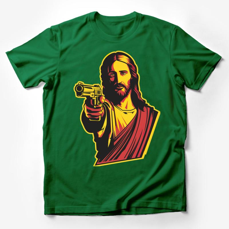 Bold Graphic Tee Jesus with Gun, Pop Culture Religious Satire Shirt, Unisex Statement Tee, Eye-catching Outfit, Edgy Fashion Top Male T-Shirt