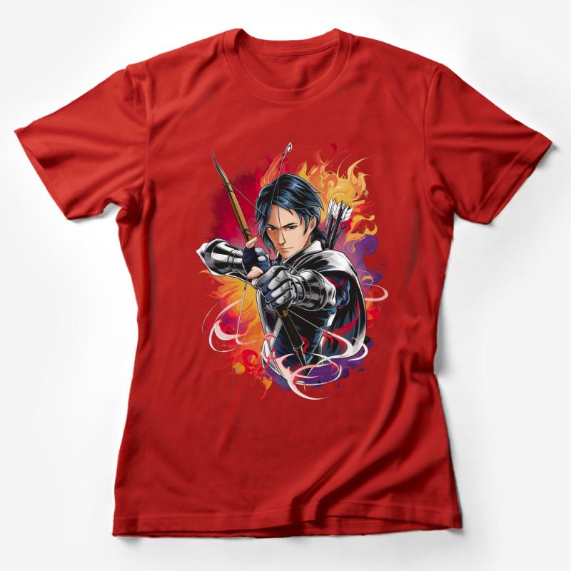 Warrior Archer Fantasy T-Shirt, Colorful Fire Background, Unique Graphic Tee, Gift for Gamers, Unisex Casual Shirt Female T-Shirt