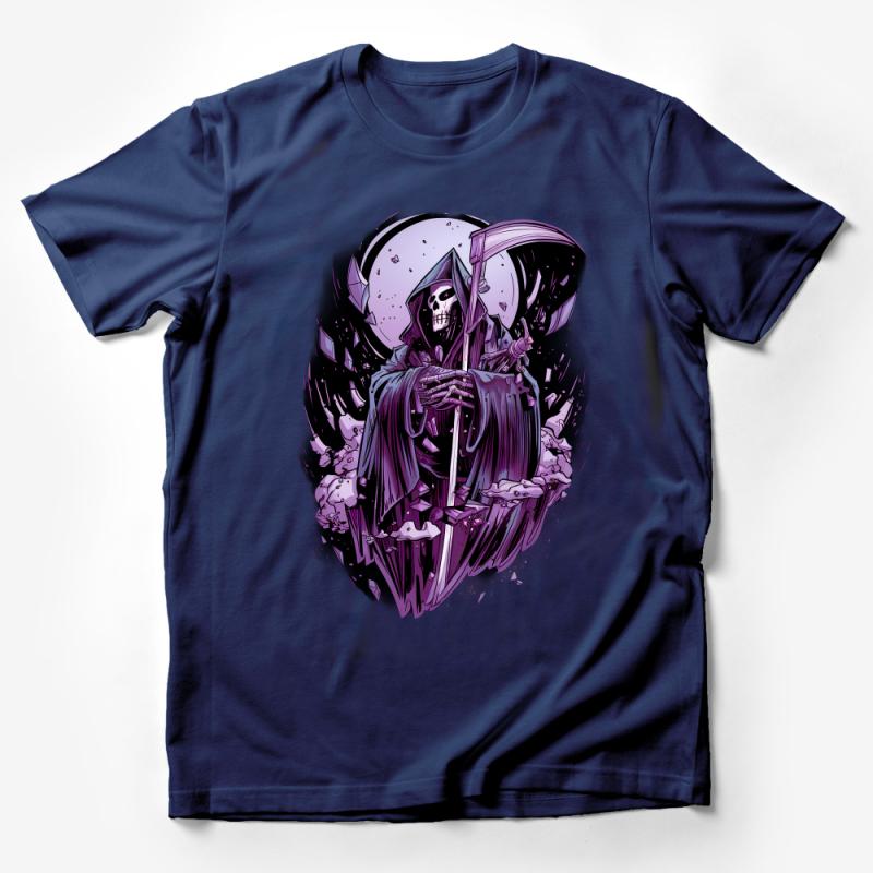 Grim Reaper T-Shirt, Gothic Death Graphic Tee, Spooky Skeleton with Scythe Design, Dark Fantasy Art, Moon and Skulls, Unisex Clothing Male T-Shirt