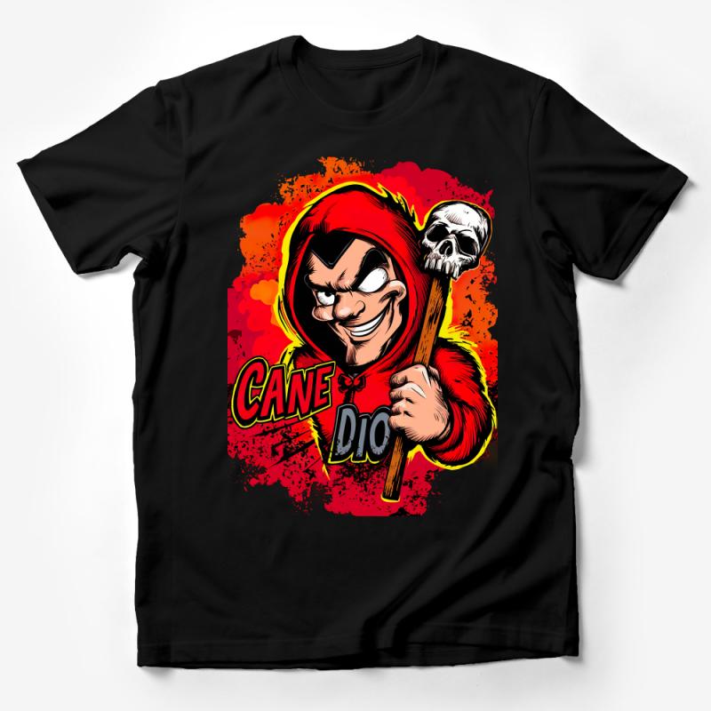 Unique Red Hooded Character T-Shirt, Quirky Graphic Tee, Skull and Bat, Bold and Colorful Male T-Shirt