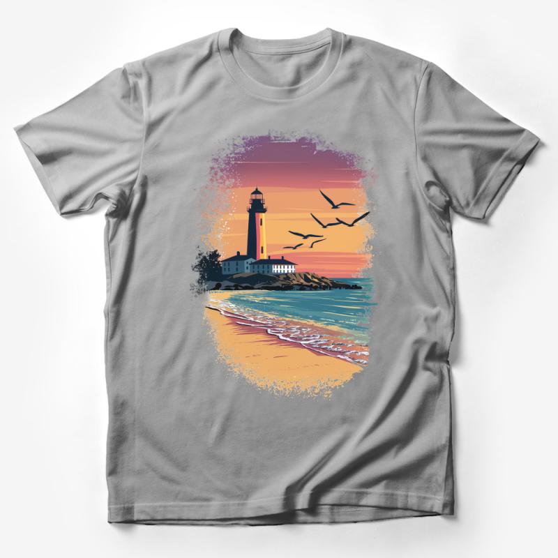 Coastal Lighthouse Sunset Scenery T-Shirt, Beach Landscape Top, Nautical Graphic Tee, Casual Ocean Themed Apparel, Unisex Clothing Male T-Shirt