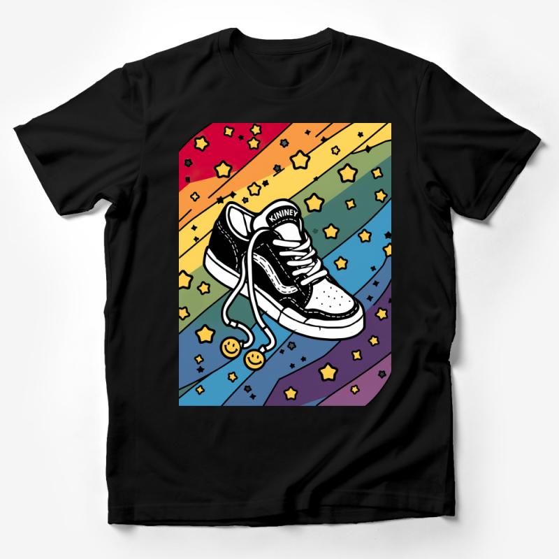 Retro Sneaker Graphic Tee, Colorful Vintage Shoe Print, Casual Streetwear, Unisex T-Shirt Design, Hipster Fashion Top, Bold Skater Style Male T-Shirt