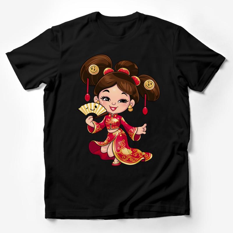 Cute Cartoon Chinese Girl Fan T-Shirt, Traditional Red Outfit Illustration, Cultural Graphic Tee, Unique Asian Art Shirt, Gift Idea Male T-Shirt