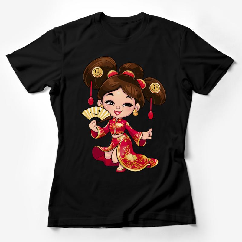 Cute Cartoon Chinese Girl Fan T-Shirt, Traditional Red Outfit Illustration, Cultural Graphic Tee, Unique Asian Art Shirt, Gift Idea Female T-Shirt