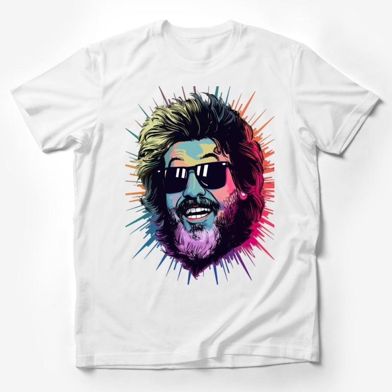 Colorful Bearded Man Illustration Tee, Funky Hipster Graphic T-Shirt, Unisex Casual Streetwear, Unique Urban Art Shirt Design Male T-Shirt