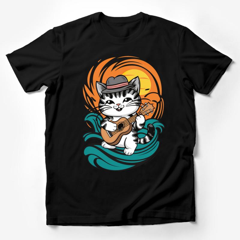 Cute Cat Playing Guitar T-Shirt, Musical Kitty Graphic Tee, Unisex Cat Lover Shirt, Summer Beach Sunset Top, Whimsical Animal Apparel Male T-Shirt