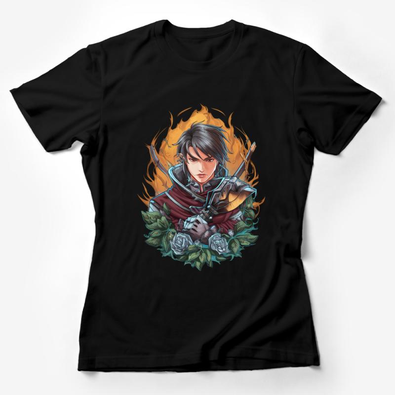 Anime Warrior Fire Rose Graphic Tee, Cool Manga Character T-Shirt, Unisex Cotton Shirt, Flame Illustration Female T-Shirt