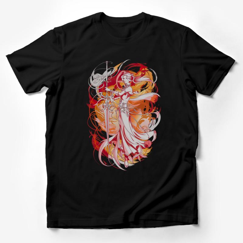 Fantasy Warrior Princess T-Shirt, Female Knight Graphic Tee, Stylish Red and White Design, Unique Illustration Shirt for All Ages Male T-Shirt