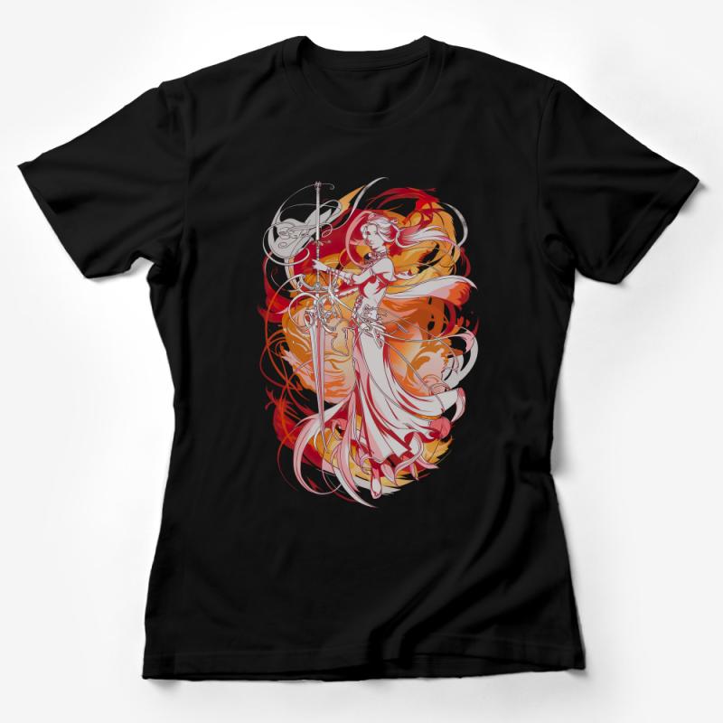 Fantasy Warrior Princess T-Shirt, Female Knight Graphic Tee, Stylish Red and White Design, Unique Illustration Shirt for All Ages Female T-Shirt