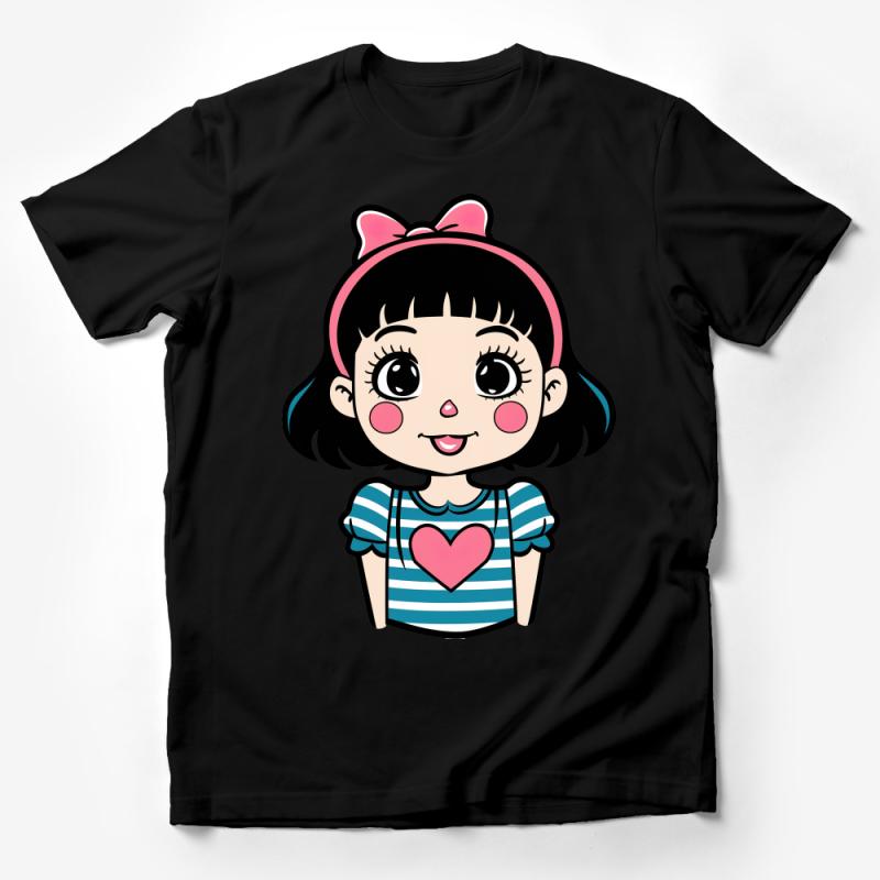 Cute Cartoon Girl T-Shirt, Pink Bow Striped Top, Heart Design, Casual Kids Fashion, Comfortable Cotton Tee, Colorful Graphic Print Male T-Shirt