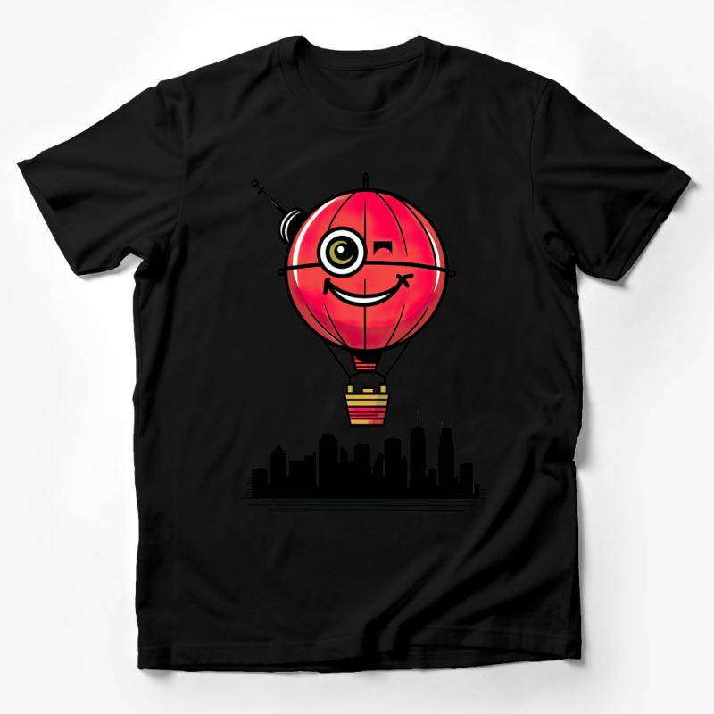 Cute Smiley Hot Air Balloon Tee, Vibrant City Skyline Graphic T-Shirt, Perfect Gift for Travel Lovers, Unisex Casual Wear Male T-Shirt