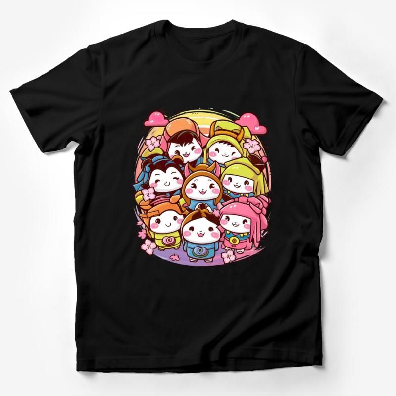 Kawaii Anime Characters T-Shirt, Cute Chibi Art Tee, Rainbow and Clouds Illustration, Colorful Unisex Cartoon Shirt for All Ages Male T-Shirt