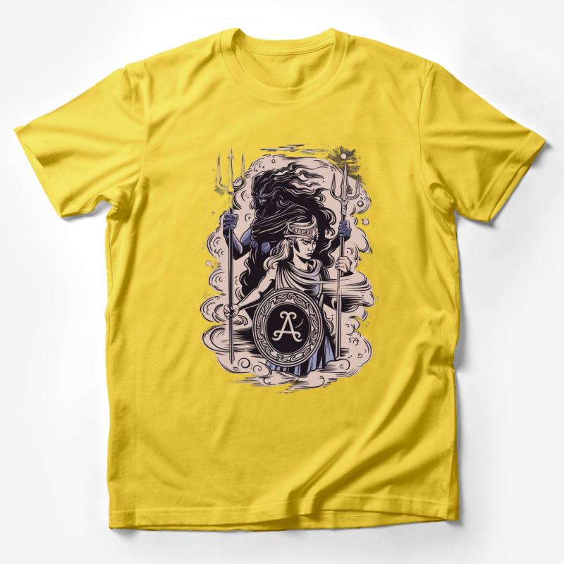 Warrior Goddess Graphic Tee, Mythical Female Warrior, Vintage Style T-Shirt, Fantasy Art Shirt, Aesthetic Clothing, Unique Gift Idea Male T-Shirt