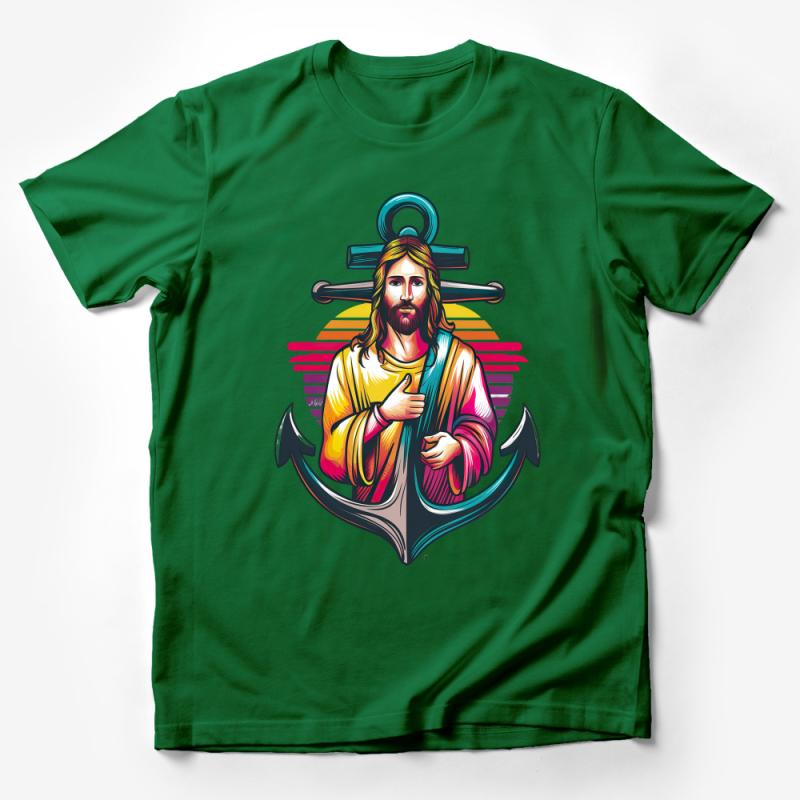 Retro Style Jesus Graphic Tee, Colorful Faith Anchored Spiritual T-Shirt, Unisex Christian Apparel, Religious Gift Male T-Shirt