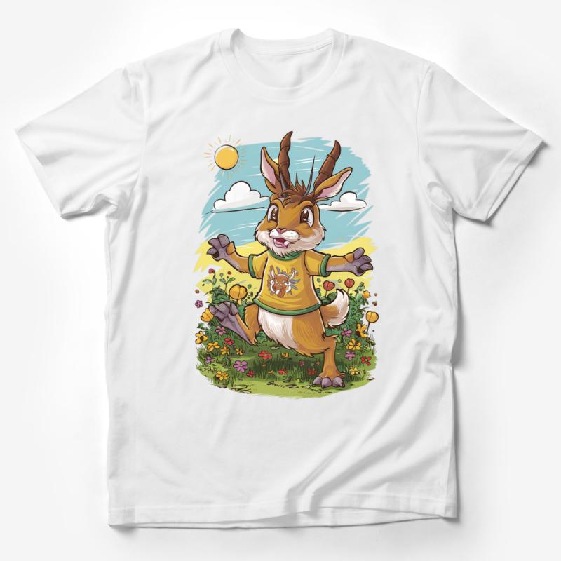 Whimsical Jackalope T-Shirt, Fantasy Creature in Meadow, Unisex Tee, Summer Nature Graphic, Casual Wear, Unique Illustration Shirt Male T-Shirt