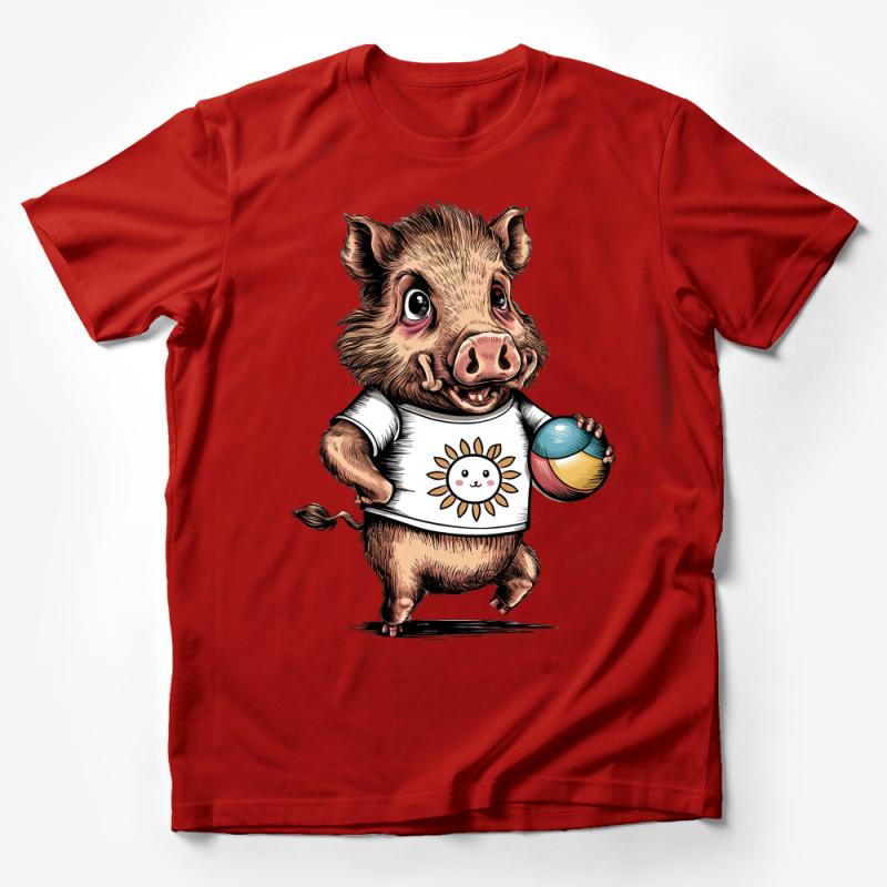 Cute Cartoon Pig T-Shirt, Playful Piglet Graphic Tee, Sun and Ball Illustration, Kids and Adult Sizes Male T-Shirt