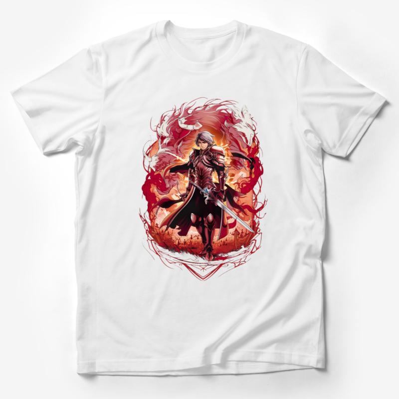 Fantasy Warrior T-Shirt, Epic Knight in Armor Graphic Tee, Unisex Red Flame Design, Role-Playing Game Fans Apparel Male T-Shirt