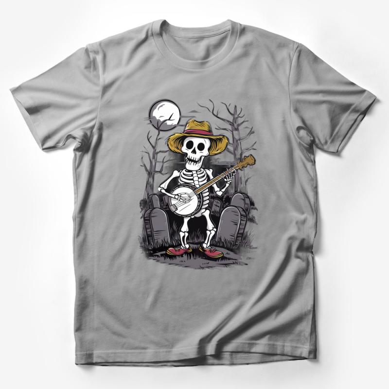 Skeleton Banjo Player T-Shirt, Spooky Musician Graphic Tee, Gothic Country Music Lover Gift, Unisex Male T-Shirt