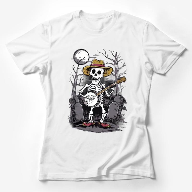 Skeleton Banjo Player T-Shirt, Spooky Musician Graphic Tee, Gothic Country Music Lover Gift, Unisex Female T-Shirt