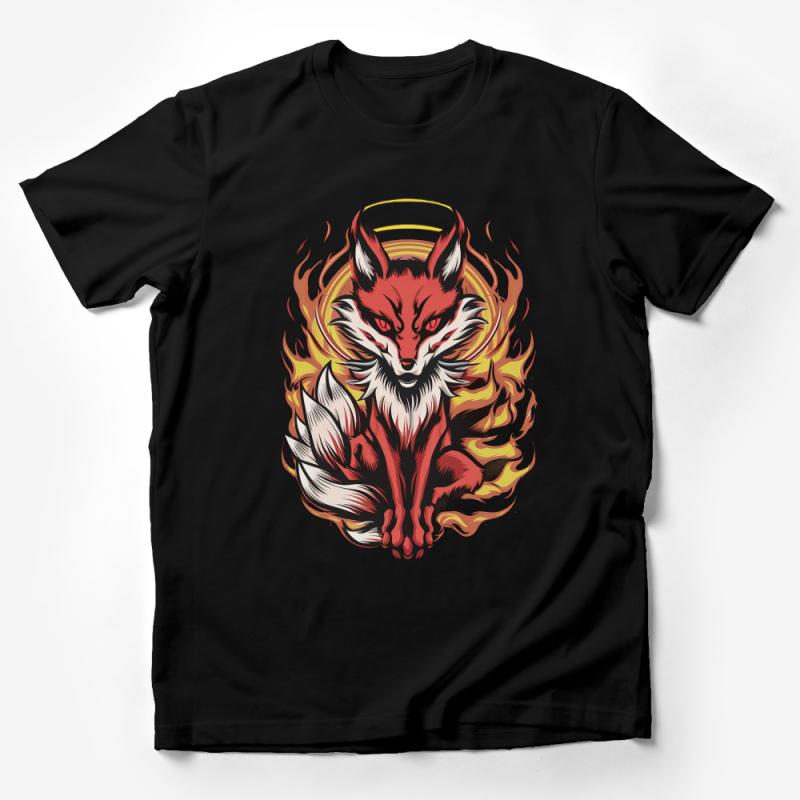 Fox Graphic T-Shirt, Fire Fox with Halo, Cool Animal Tee, Artistic Unisex Shirt, Unique Graphic Tee Design, Bold Red Fox Flames Tee Male T-Shirt