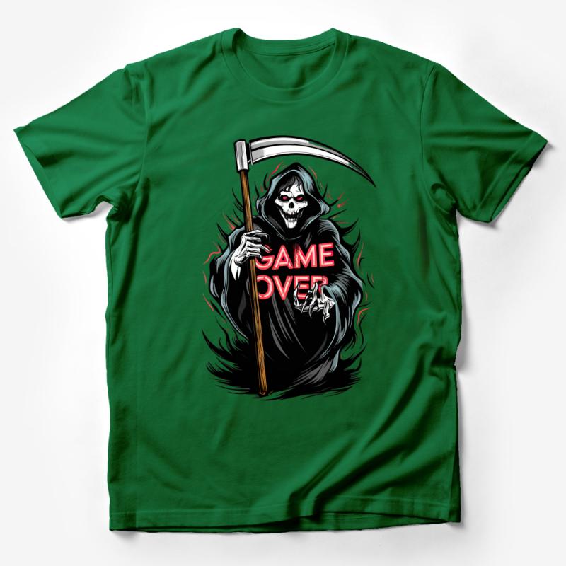 Grim Reaper Game Over Graphic Tee, Scythe and Skull T-Shirt, Men's Cool Dark Fantasy Clothing, Gift for Gamers Male T-Shirt