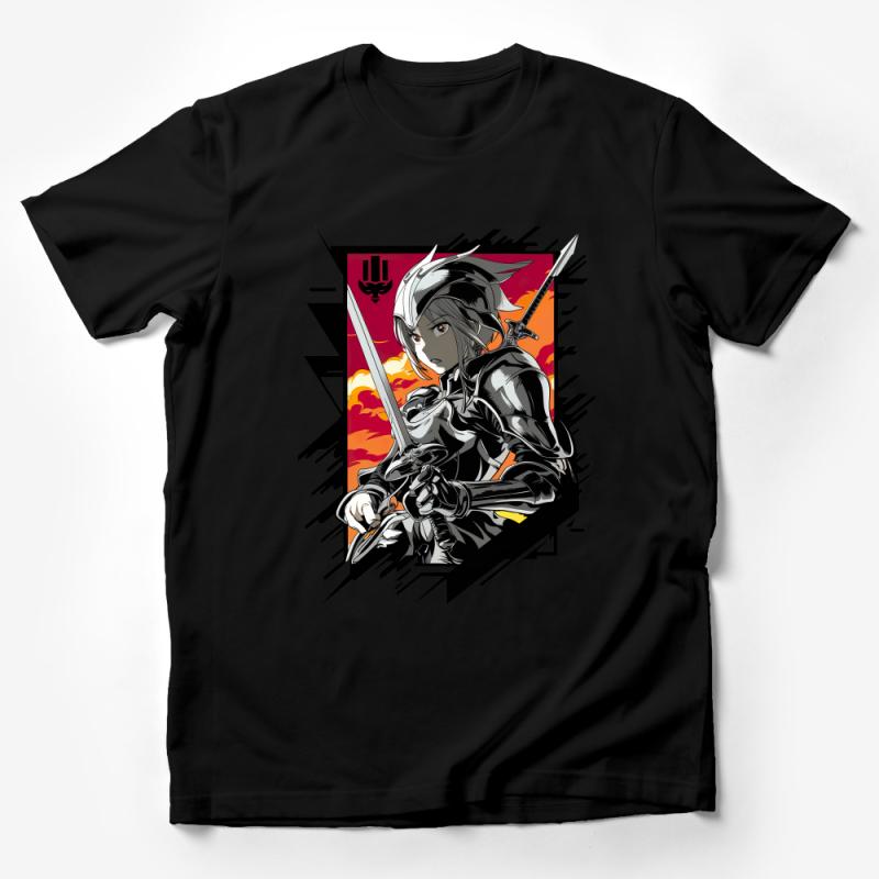 Anime Warrior Girl T-Shirt, Cool Female Knight Tee, Graphic Novelty Shirt, Manga Style Apparel, Unisex Cotton Top, Gift for Anime Fans Male T-Shirt