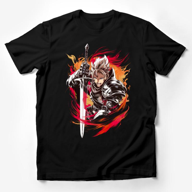 Fantasy Warrior Graphic T-Shirt, Bold Anime Knight with Sword, Unisex Cotton Tee, Casual Cool Design, Gift for Gamers and Geeks Male T-Shirt