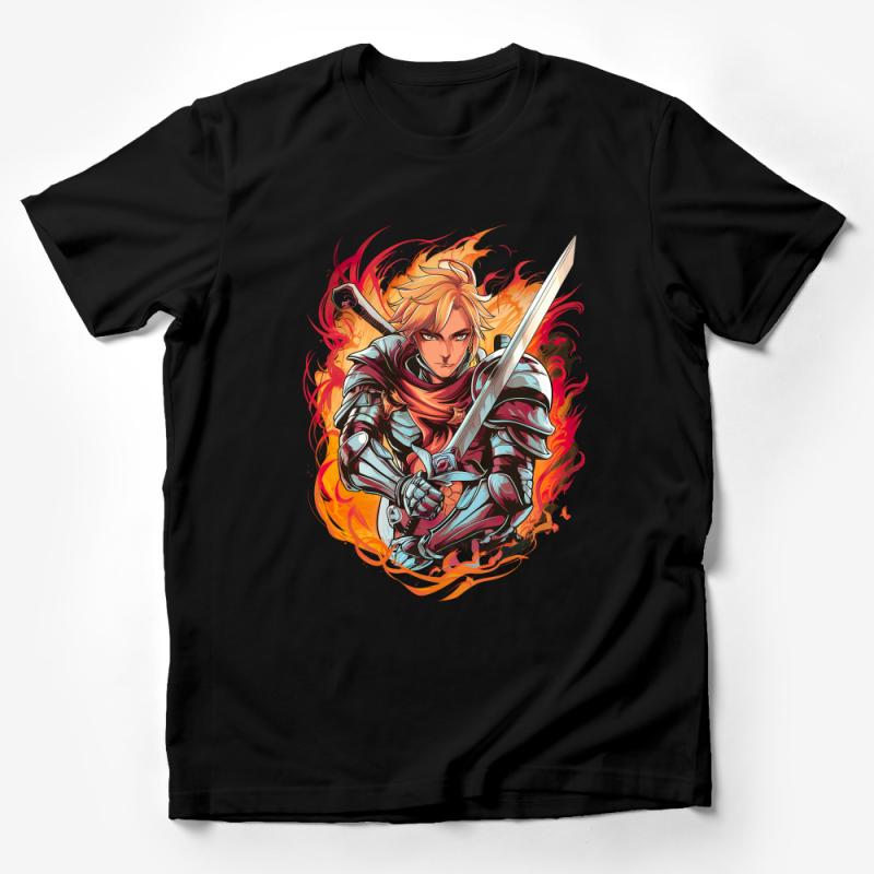 Fantasy Warrior T-Shirt, Fire Sword Fighter, Anime Style Graphic Tee, Unisex Adult Clothing, Bold Vibrant Knight Illustration Male T-Shirt