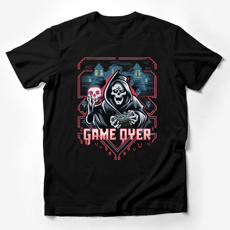 Gamer Skull T-Shirt, Cool Grim Reaper Gaming Tee, Game Over Graphic Shirt, Men's Women's Casual Wear Male T-Shirt