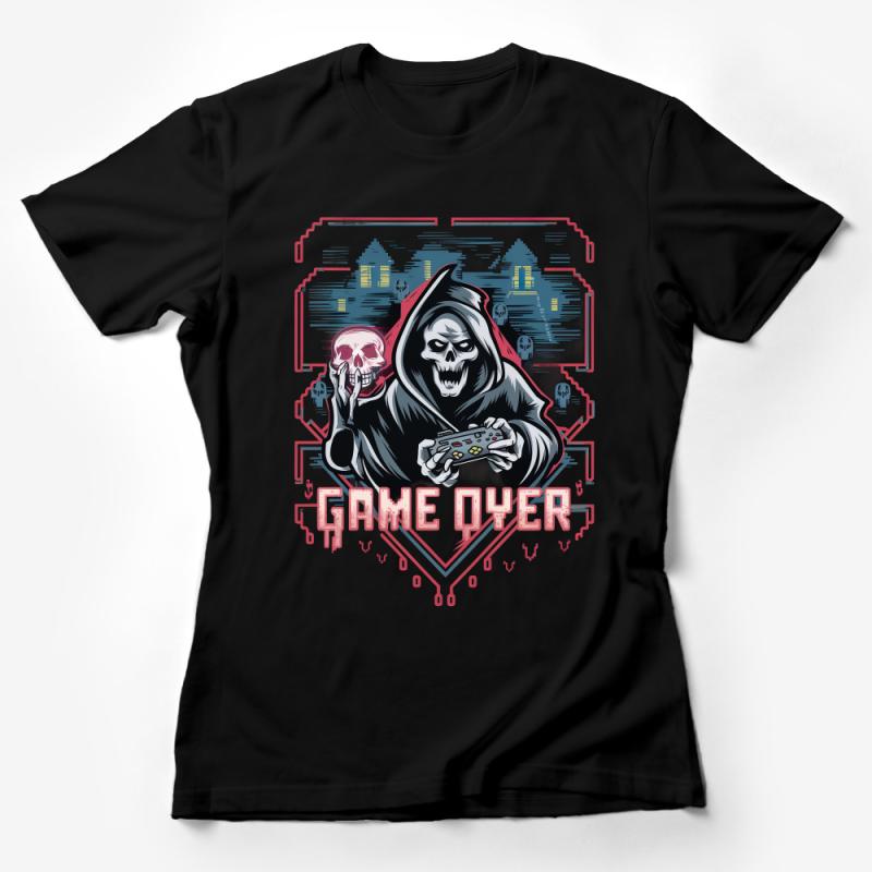 Gamer Skull T-Shirt, Cool Grim Reaper Gaming Tee, Game Over Graphic Shirt, Men's Women's Casual Wear Female T-Shirt