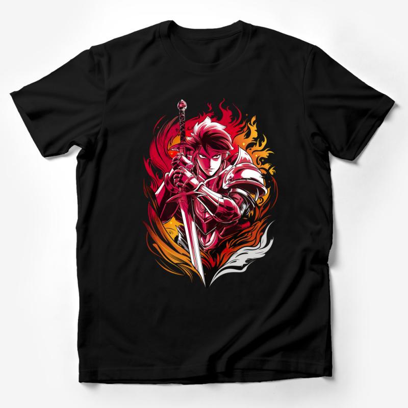 Fantasy Warrior T-Shirt, Red and Yellow Flame Knight, Heroic Swordsman Tee, Unisex Graphic Shirt Male T-Shirt