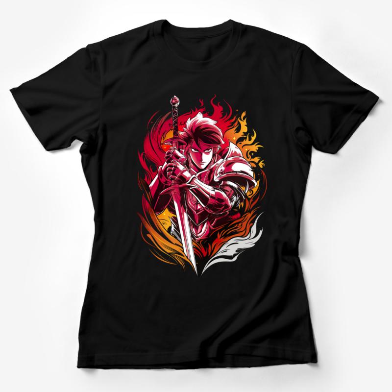 Fantasy Warrior T-Shirt, Red and Yellow Flame Knight, Heroic Swordsman Tee, Unisex Graphic Shirt Female T-Shirt