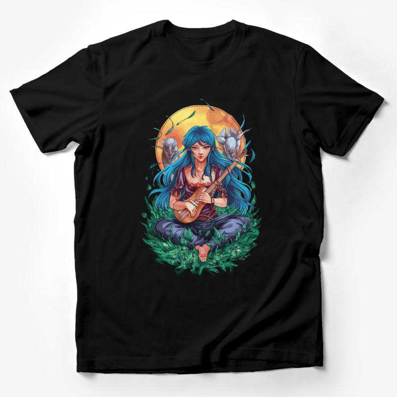 Fantasy Art T-Shirt, Mystical Woman with Guitar, Anime Style Graphic Tee, Vibrant Color Illustration, Unique Gift Idea Male T-Shirt