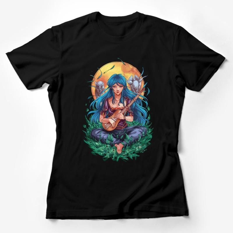 Fantasy Art T-Shirt, Mystical Woman with Guitar, Anime Style Graphic Tee, Vibrant Color Illustration, Unique Gift Idea Female T-Shirt