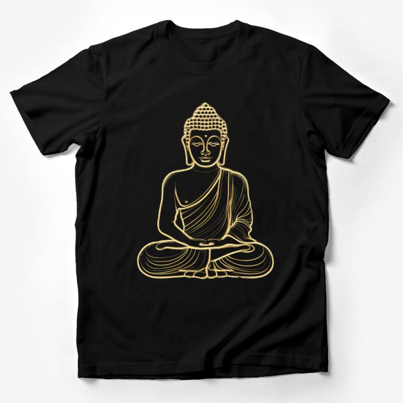 Golden Buddha Print T-Shirt, Zen Meditation Yoga Top, Spiritual Graphic Tee, Unisex Mindfulness Shirt Male T-Shirt