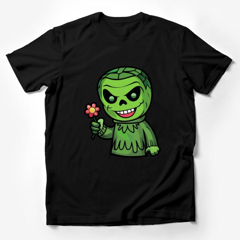 Cute Monster Cartoon T-Shirt, Kids Friendly Green Creature Tee, Unisex Flower Holding Monster Shirt, Fun Clothing Gift Male T-Shirt