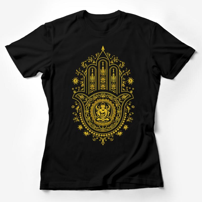 Golden Hamsa Hand T-Shirt, Spiritual Mandala Tee, Yoga Top, Boho Chic Fashion, Unisex Graphic Shirt, Gift Idea, Sacred Geometry Female T-Shirt